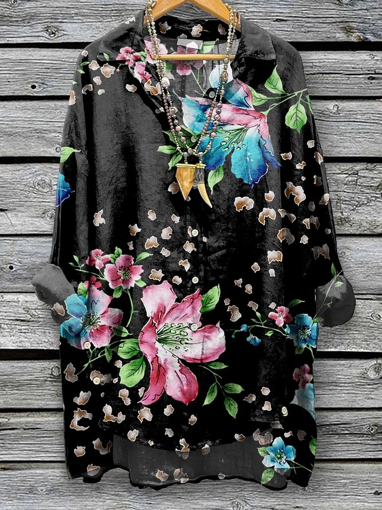 Women's  Floral  Print Casual Cotton And Linen Shirt