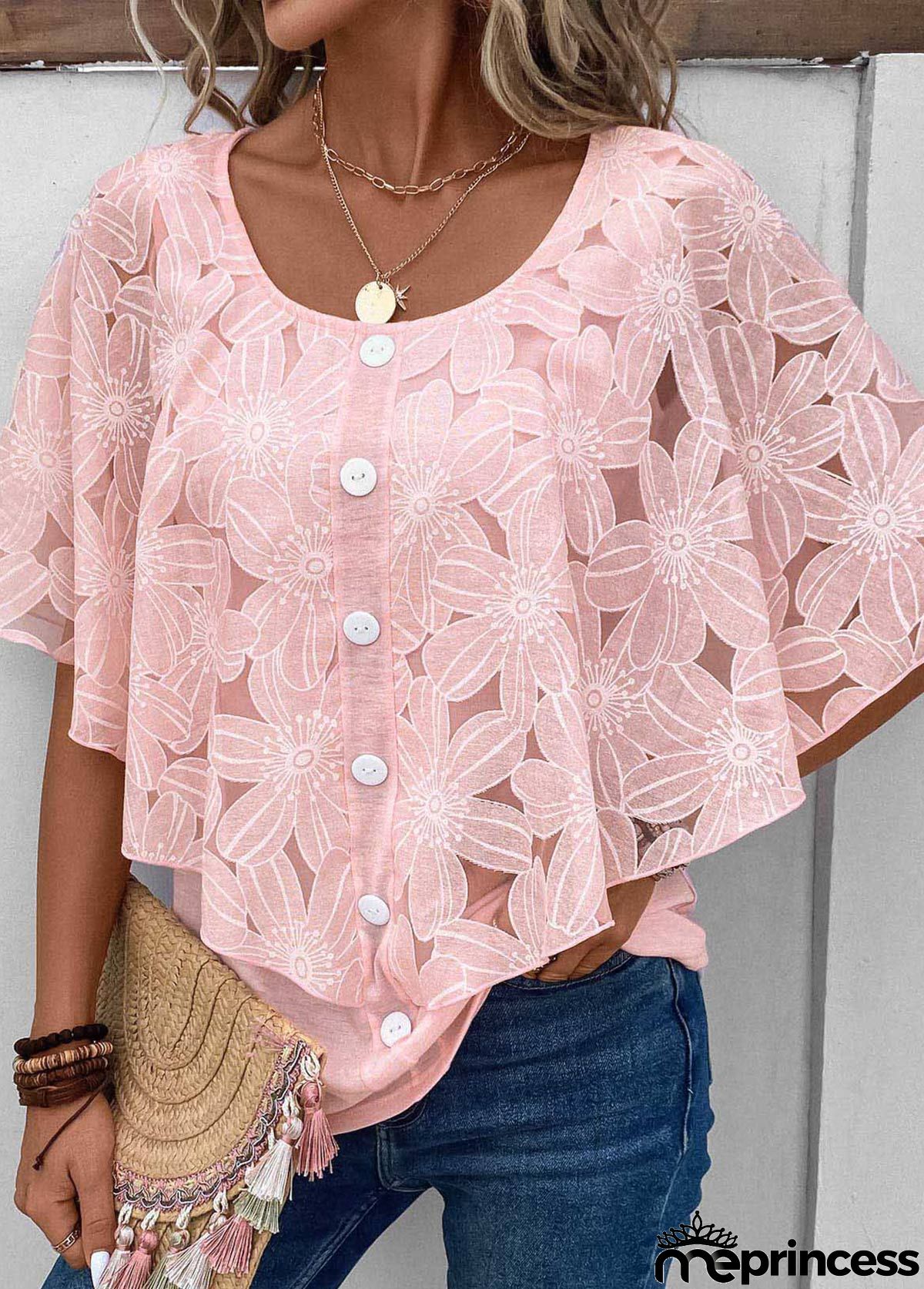 Pink Button Half Sleeve Round Neck Blouse