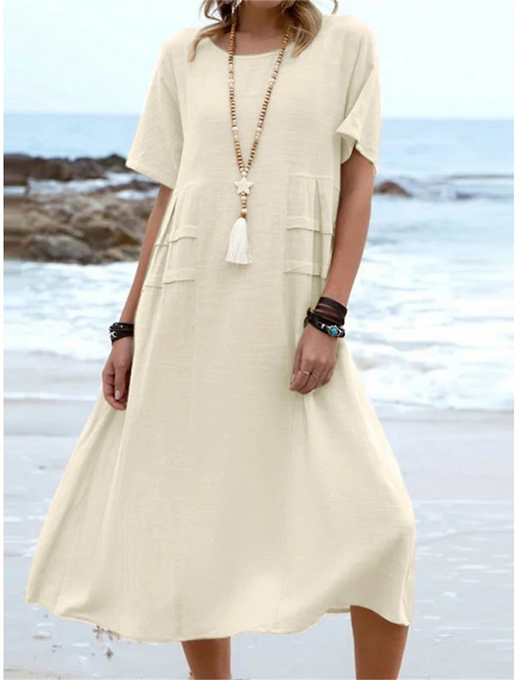 🔥Hot Sale 49% OFF💃Women's Round Neck Cotton Linen Midi Dress