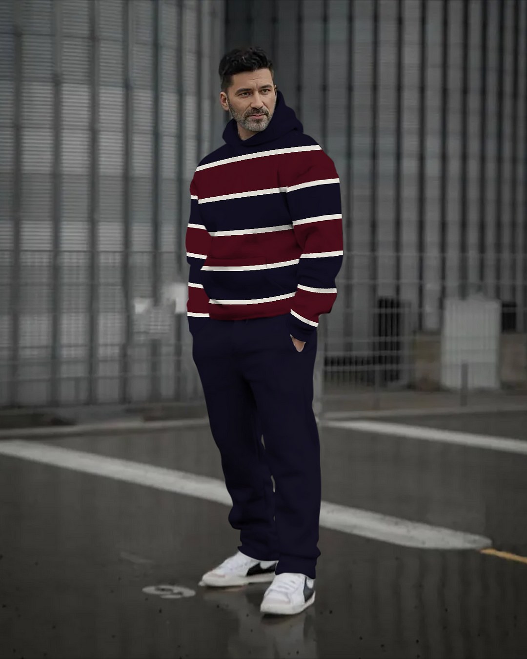 Men's color block striped print hoodie set 119