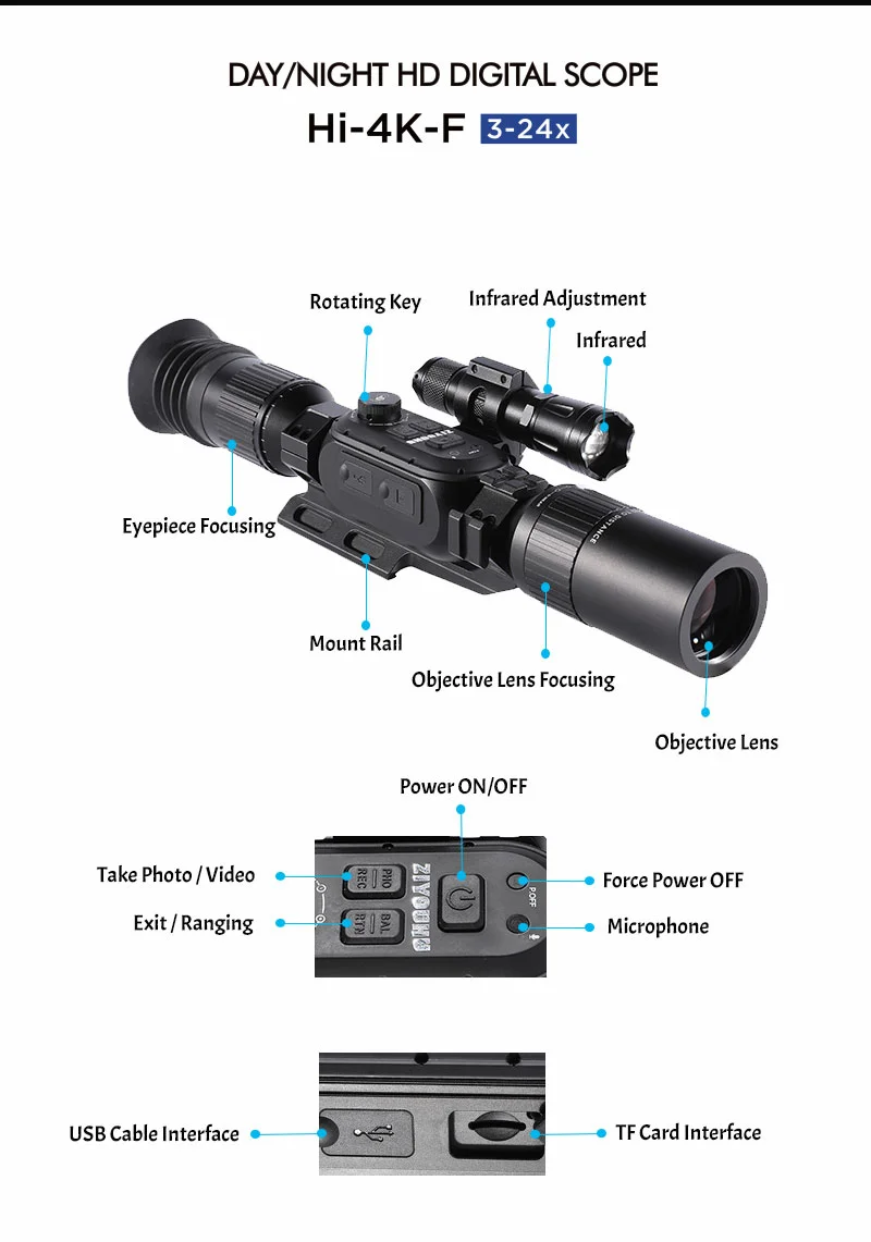 4K Digital Night Vision Scope HD Sony Sensor 4 Cores 3-24X Tactical Sight Hunting Smart Night Vision Weapon Riflescope