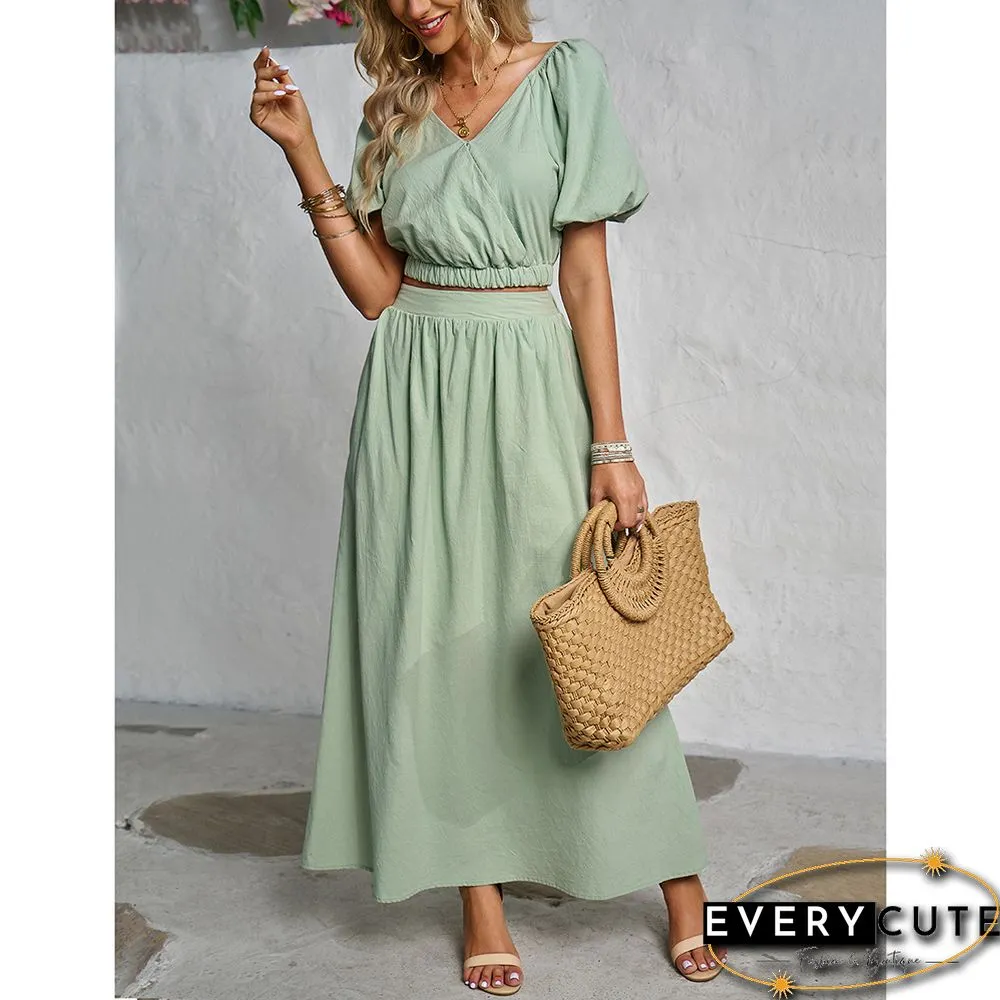 Pea Green V Neck Crop Top and Pocket Skirt Set