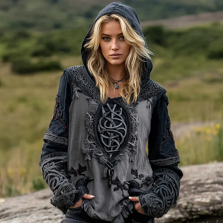 Viking Raven And Celtic Knot Patchwork Inspired Tribal Cotton And Linen Hoodie