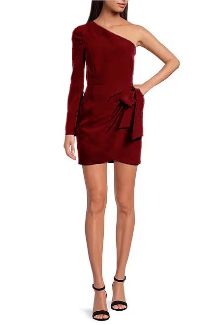 Hidais Charming Black One Shoulder Long Sleeves Homecoming Dress With Bowknot 