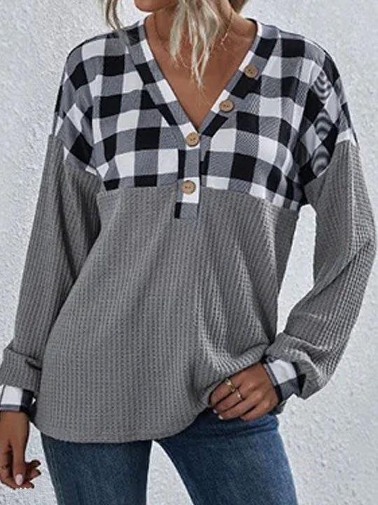 Women V-neck Long Sleeve Plaid Printed Stitching Top Sweatshirt