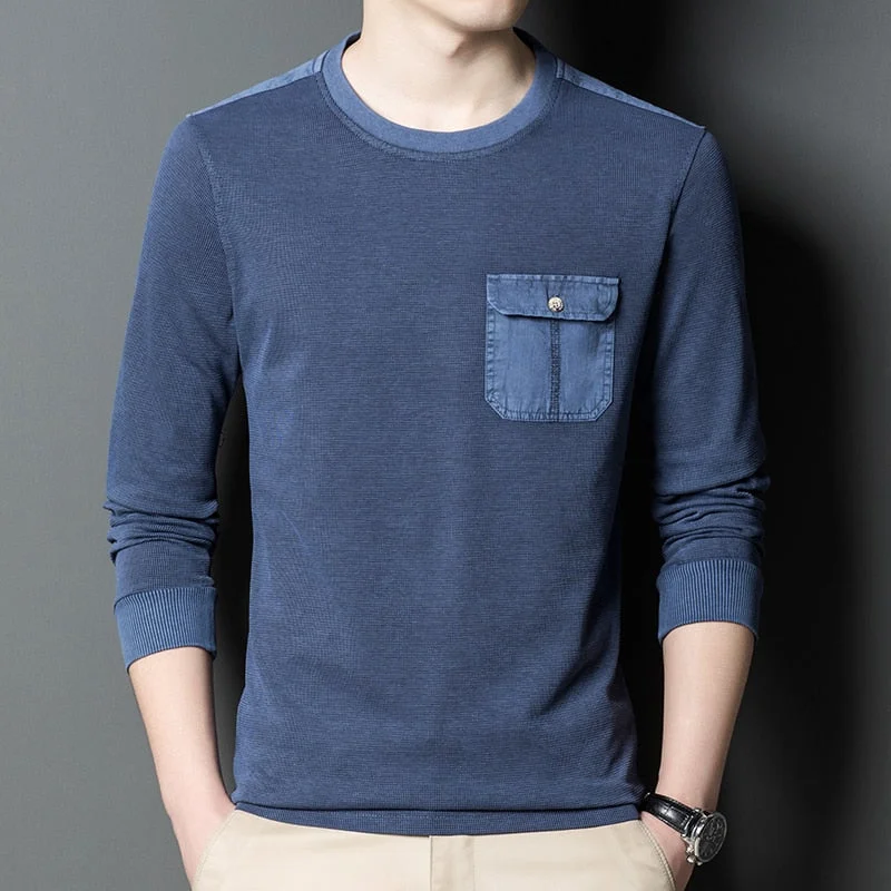 Inongge Spring Autumn Mens T Shirts Long Sleeve O Neck Cotton Tshirt Fashion Patchwork Pocket Solid Tops Tees Men Casual Mens Clothing
