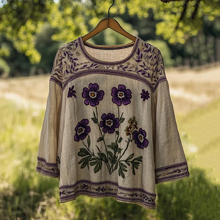 Utbros Women's Vintage Floral Embroidery Round Neck Linen Blend T-shirt
