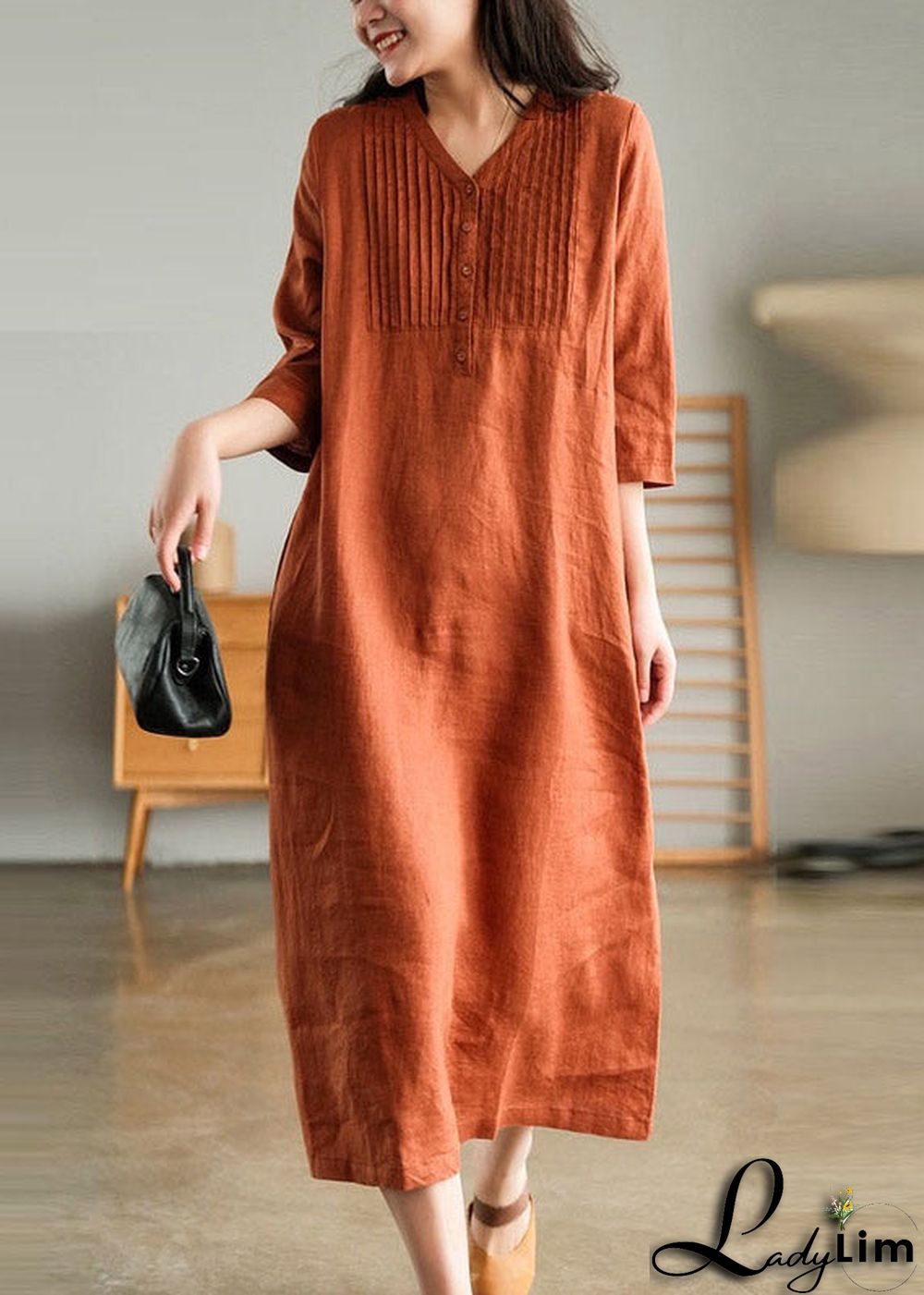 Grey Print6 Loose Linen Long Dresses Button Solid Half Sleeve
