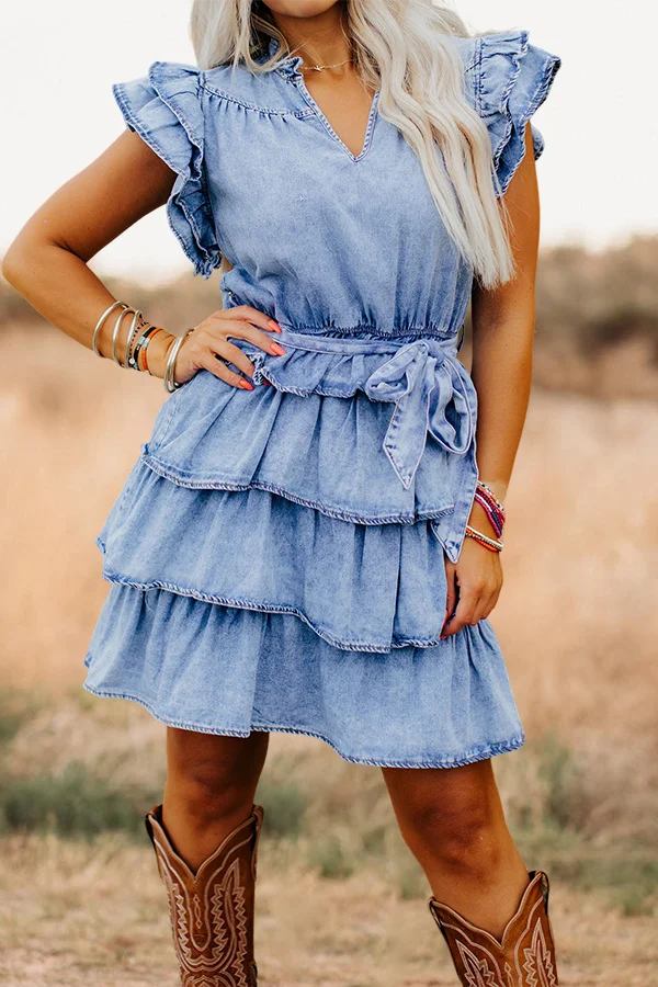 Pretty V Neckline Ruffle Layered Denim Dress