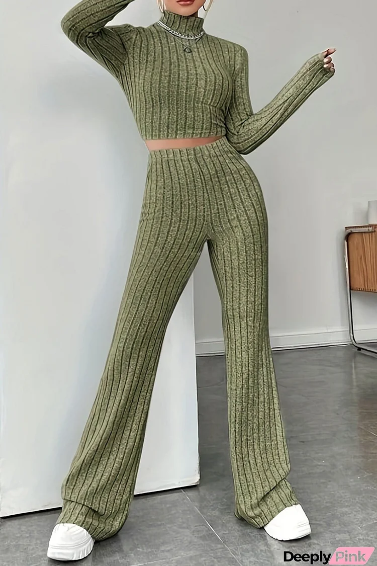 Mock Neck Ribbed Knit Crop Top Wide Leg Long Pants Set