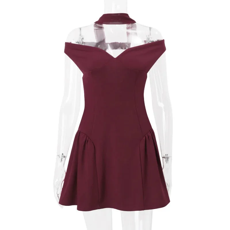 Toloer Burgundy Off-shoulder Mini Dress-Outfit Ideas