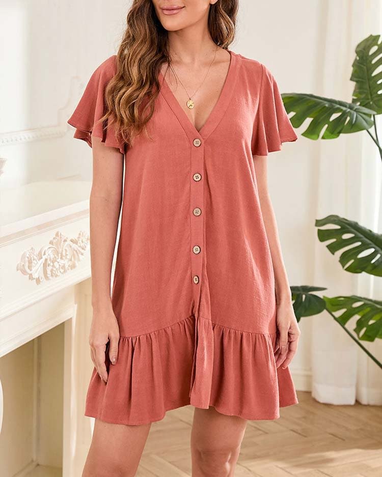 V-Neck Button Ruffle Loose Waisted Tunic Dress