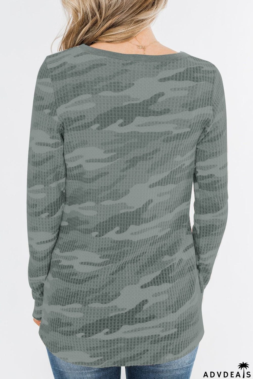 Camo Print Button Waffle Knit Long Sleeve Top