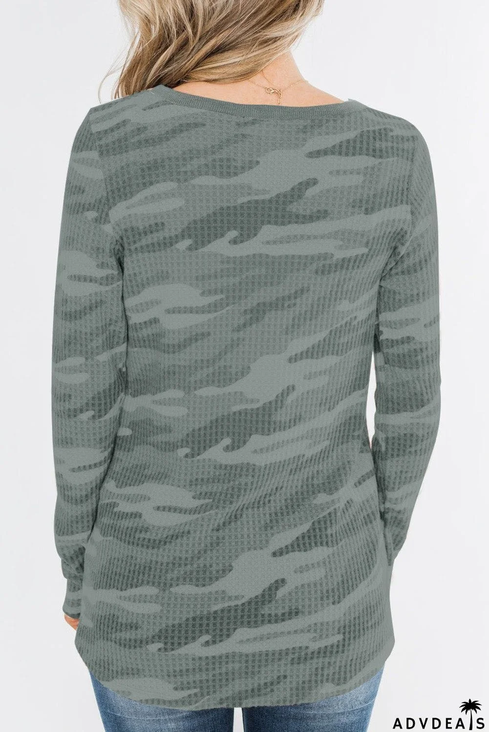 Camo Print Button Waffle Knit Long Sleeve Top