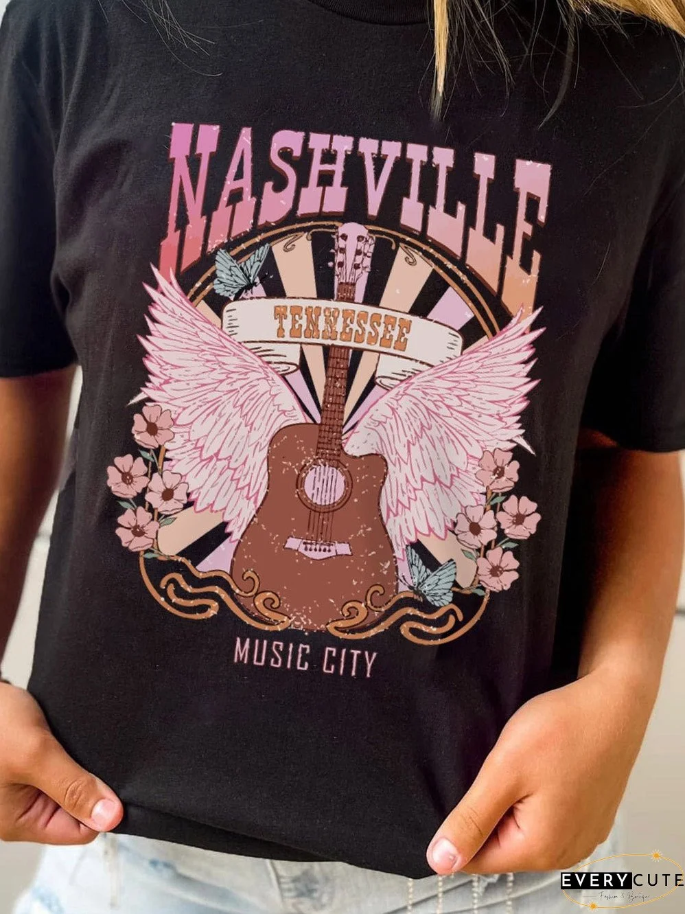 NASHVILLE Rock & Roll Guitar Graphic Print Top