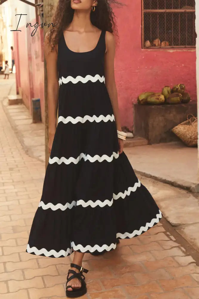 Ingvn - Sexy Simplicity Print Ripple Contrast U Neck Sleeveless Dress Dresses Black / S