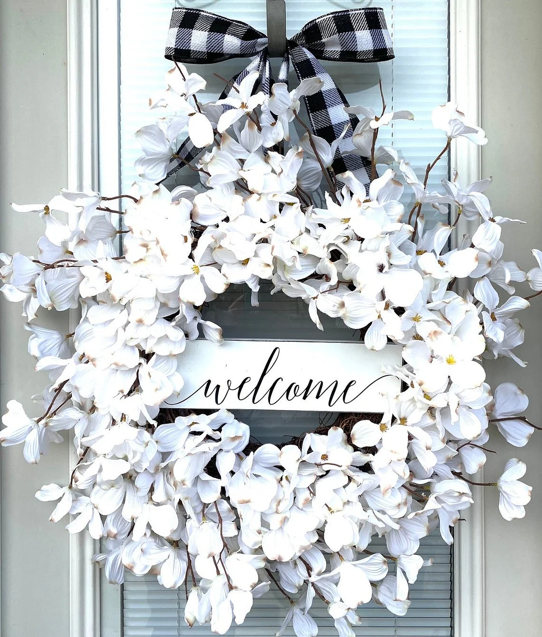 Buffalo Plaid & White Dogwood Spring wreaths with welcome sign