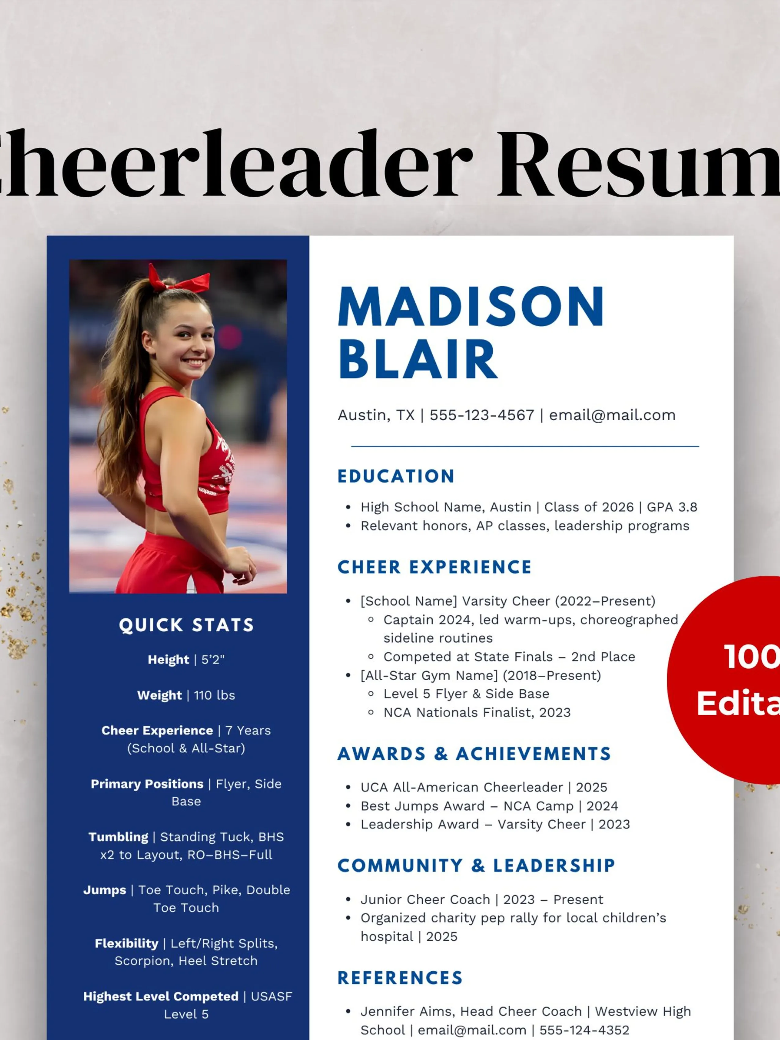 Cheerleader Resume Template | Editable Cheer Tryouts and College ...