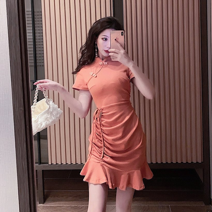 Improved Cheongsam Waist Drawstring Slim-fit Short Sleeve Dress