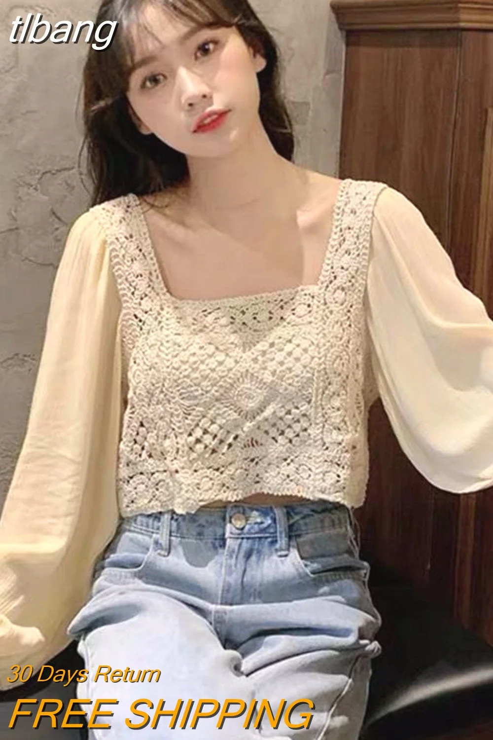 tlbang Women Square Collar Puff Sleeve Hollow Out Patchwork Fashion New Elegant All-match Loose Casual Sweet College Crop Tops