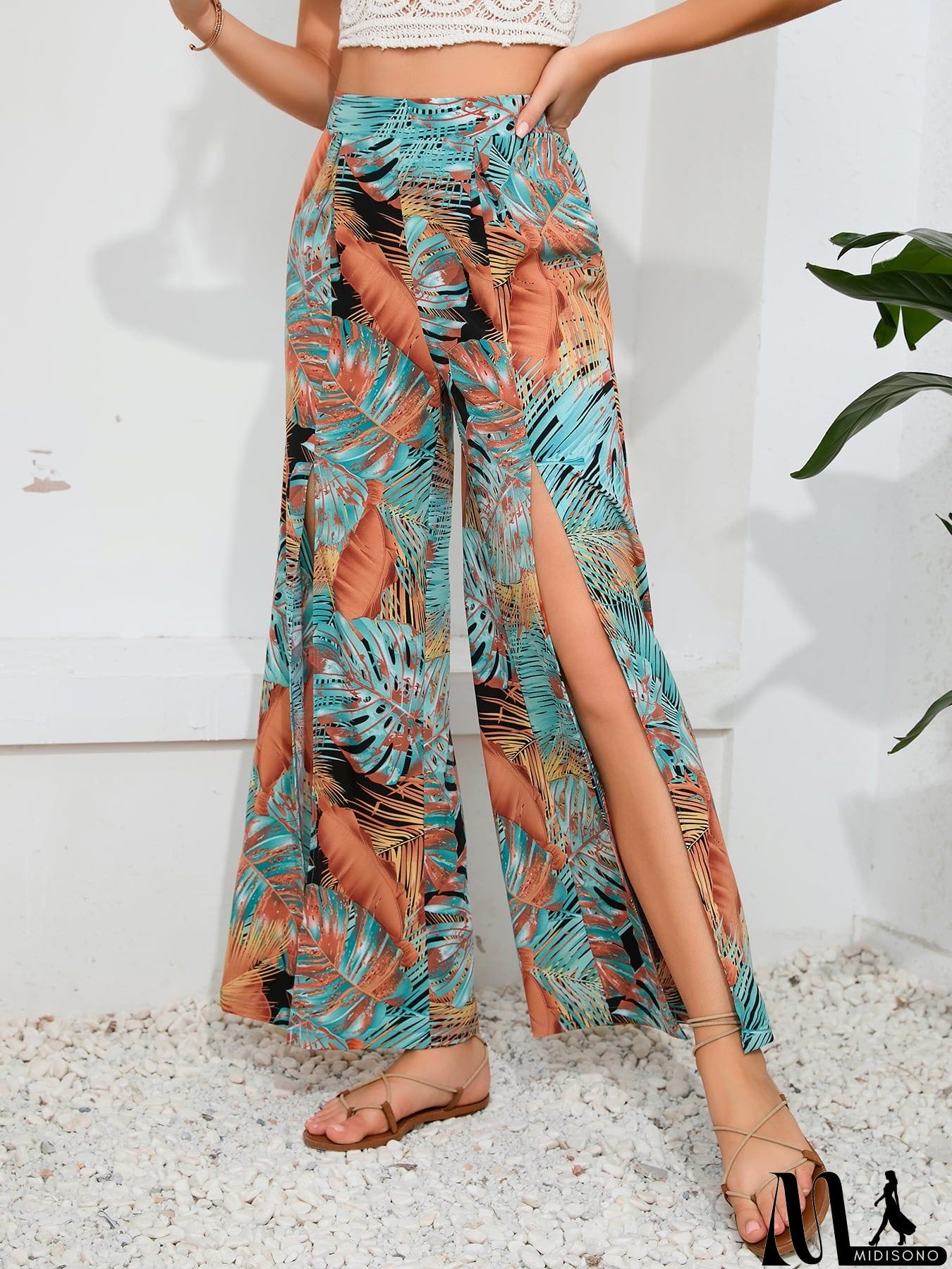 MidiSono - Printed Split Wide Leg Long Pants