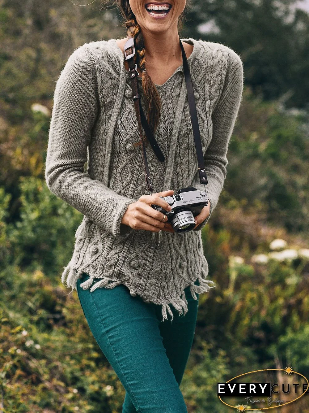 Vintage Knitted Tassel V Neck Solid Sweater