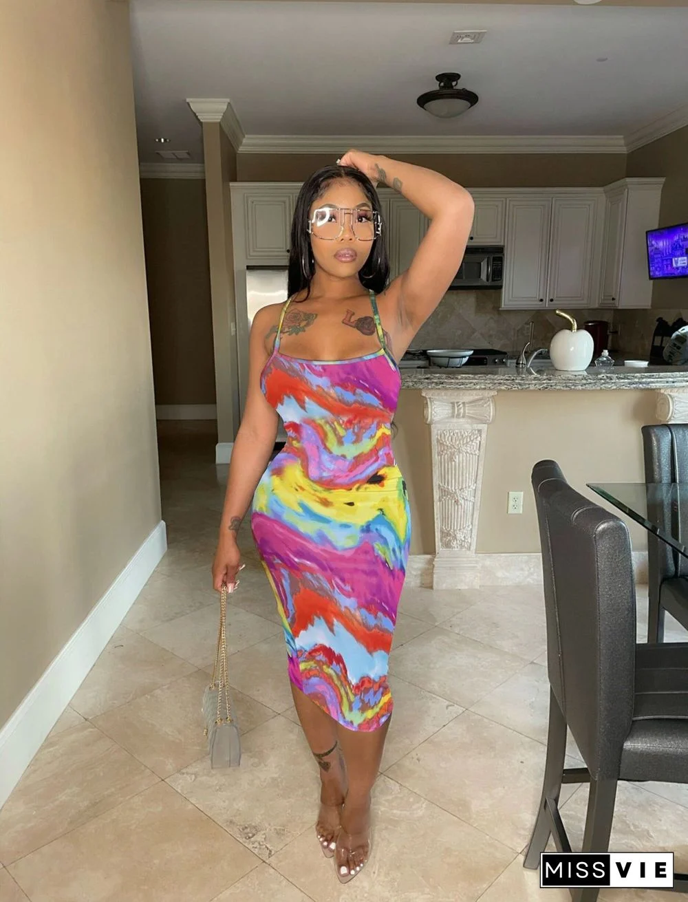 Tie Dye Spaghetti Strap Backless High Waist Sexy Dress