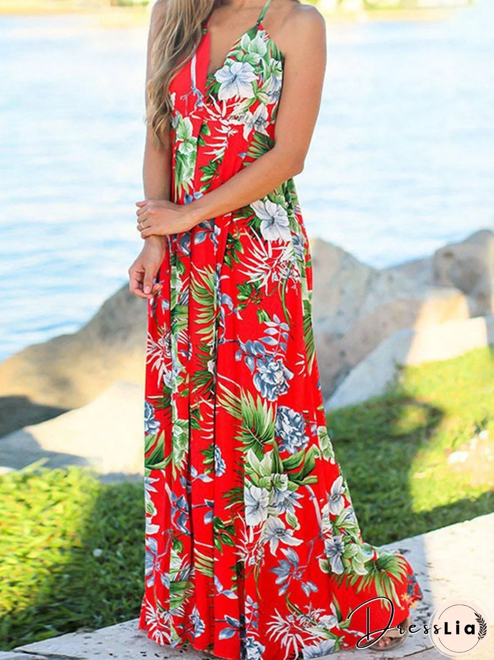 Beach Sling Leak Back Flower Print Maxi Dress P10165