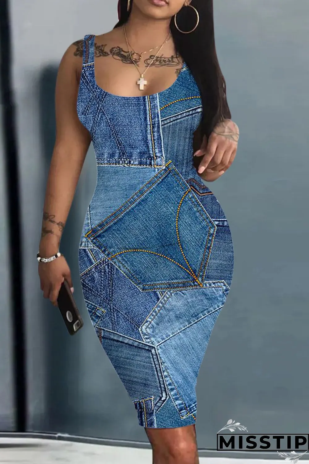 Ink Green Casual Print Basic U Neck Vest Dress Dresses