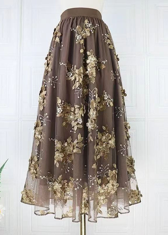 VCSHOES Coffee Embroidered High Waist Tulle Skirts Spring