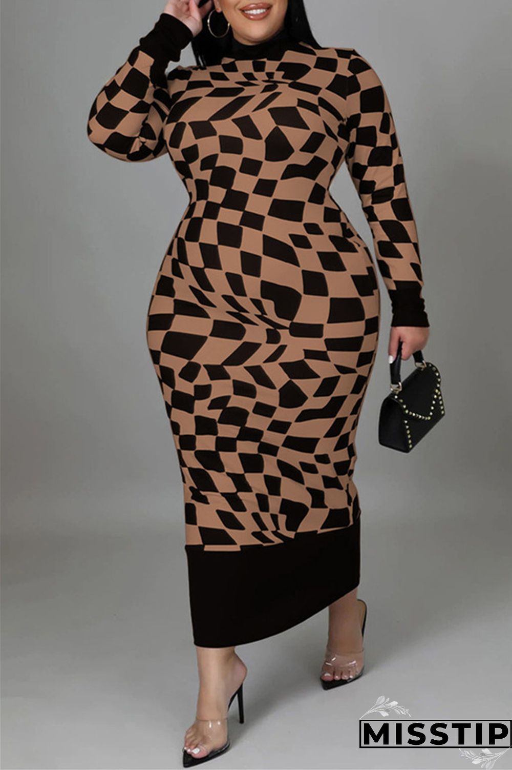 Yellow Casual Plaid Print Patchwork Half A Turtleneck Long Sleeve Plus Size Dresses