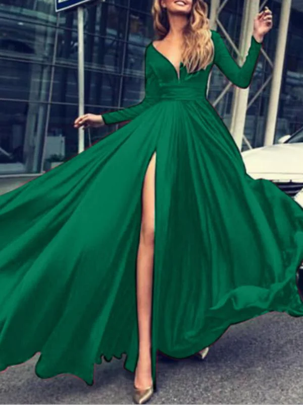 Solid Graphic Slit Prom Elegant Maxi Dress