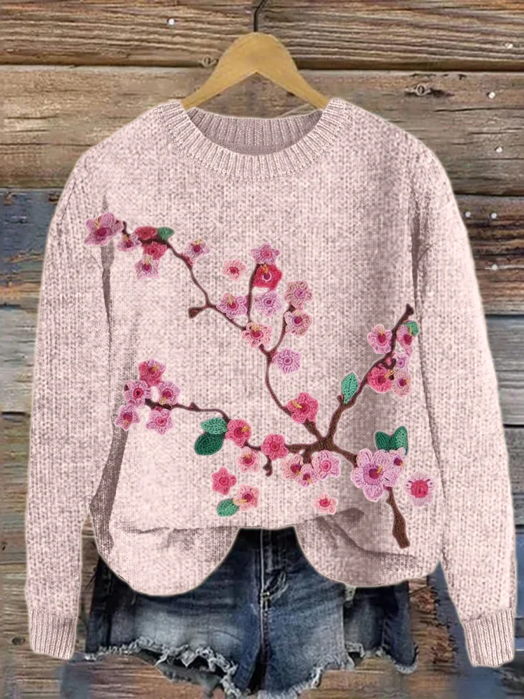 VChics Cherry Blossom Crochet Art Cozy Knit Sweater