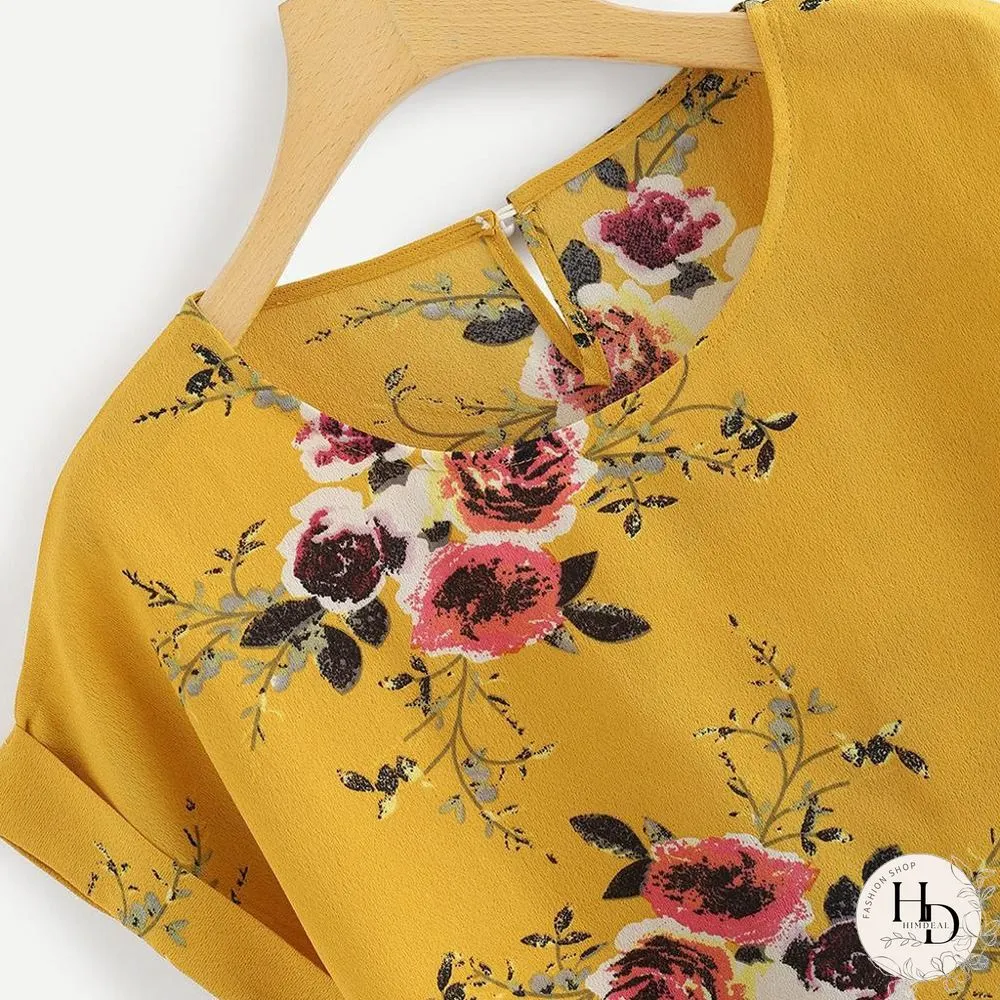 Summer Fashion Floral Print Blouse Pullover Ladies O-Neck Tee Tops Female Womens Short