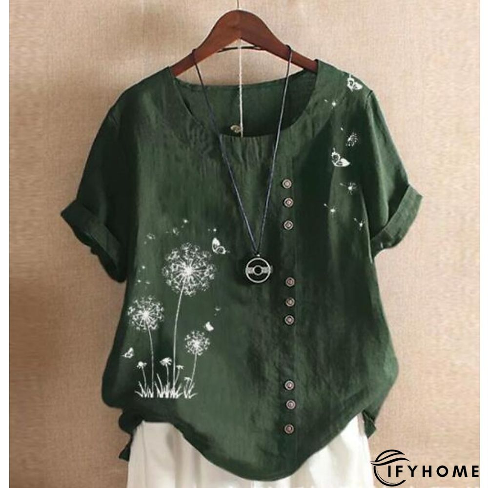 Women's Shirt Blouse Graphic Floral Short Sleeve Date Vacation Daily Casual Crew Neck Cotton Slim L | IFYHOME