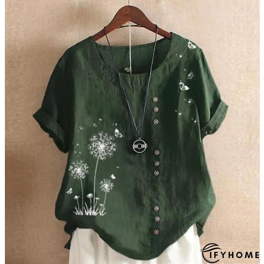 Women's Shirt Blouse Graphic Floral Short Sleeve Date Vacation Daily Casual Crew Neck Cotton Slim L | IFYHOME