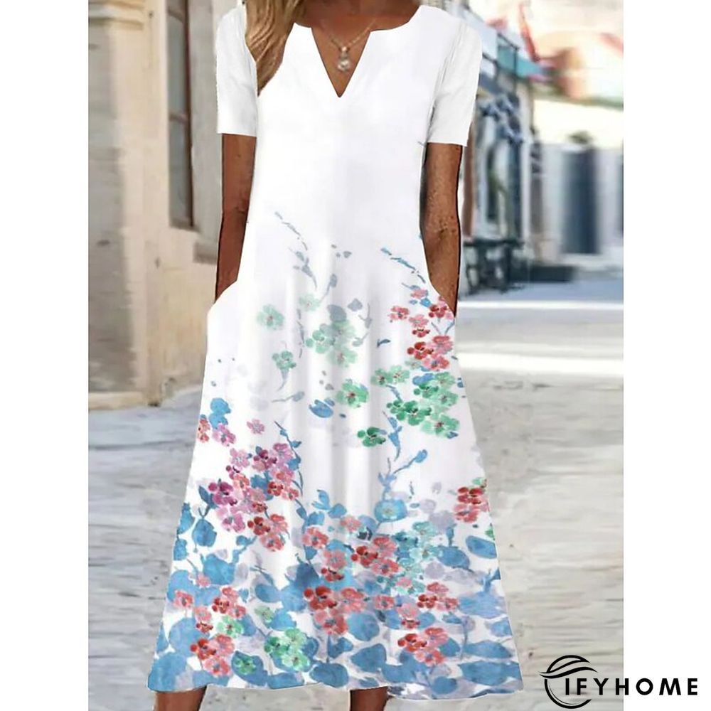 Women's Casual Dress Shift Dress Swing Dress Floral Butterfly Pocket Print V Neck Midi Dress Active Fashion Outdoor Vacation Short Sleeve Regular Fit White Blue Green Spring Summer S M L XL XXL | IFYHOME