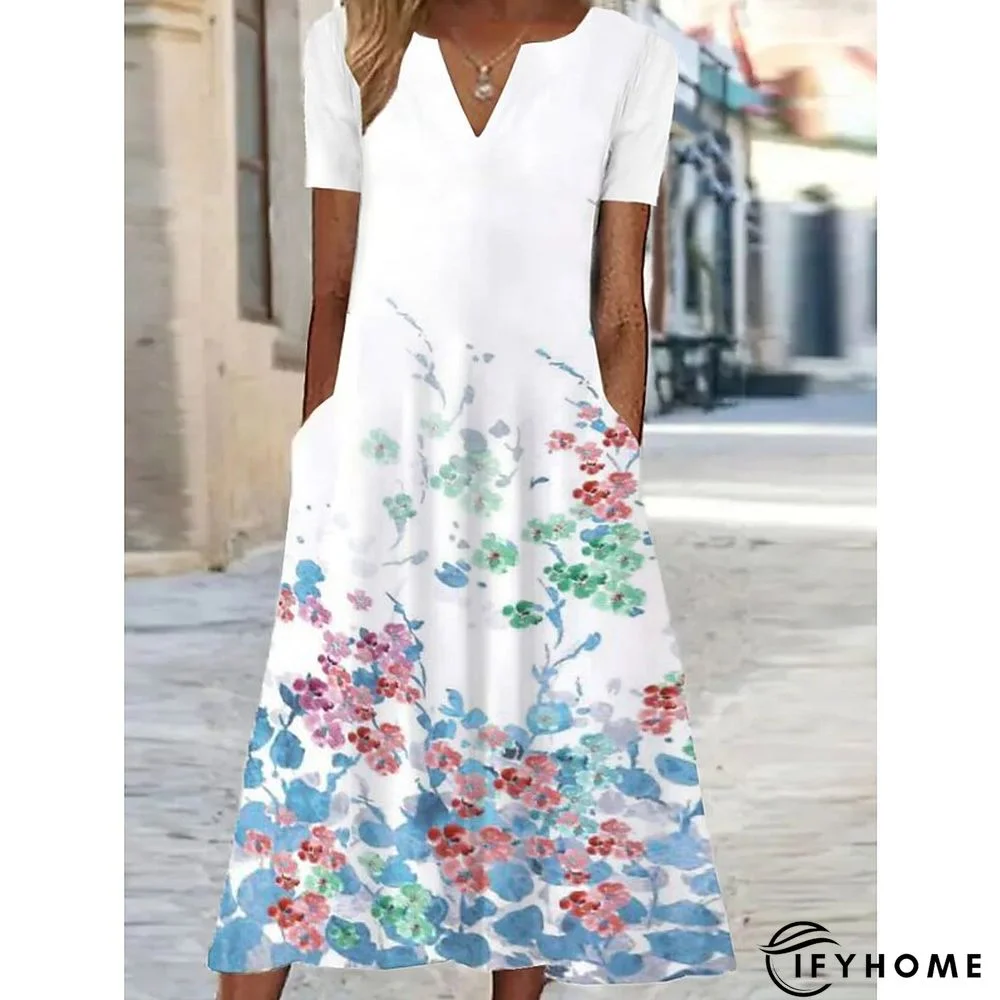 Women's Casual Dress Shift Dress Swing Dress Floral Butterfly Pocket Print V Neck Midi Dress Active Fashion Outdoor Vacation Short Sleeve Regular Fit White Blue Green Spring Summer S M L XL XXL | IFYHOME