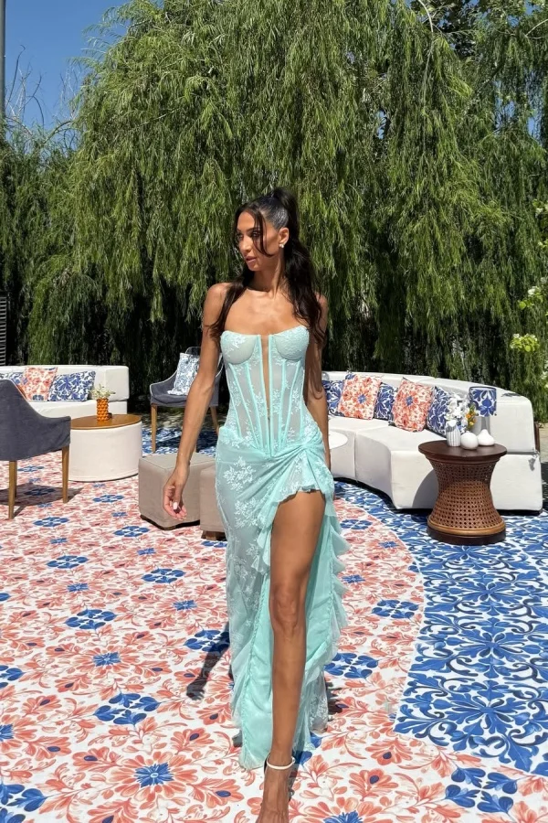 Mint Green Straight Across Sleeveless Embroidery Split Prom Dress YK0118