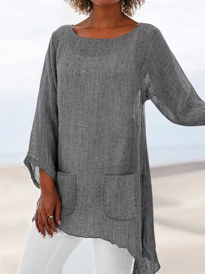 Casual Long Sleeve Crew Neck Linen Pockets Shirts & Tops