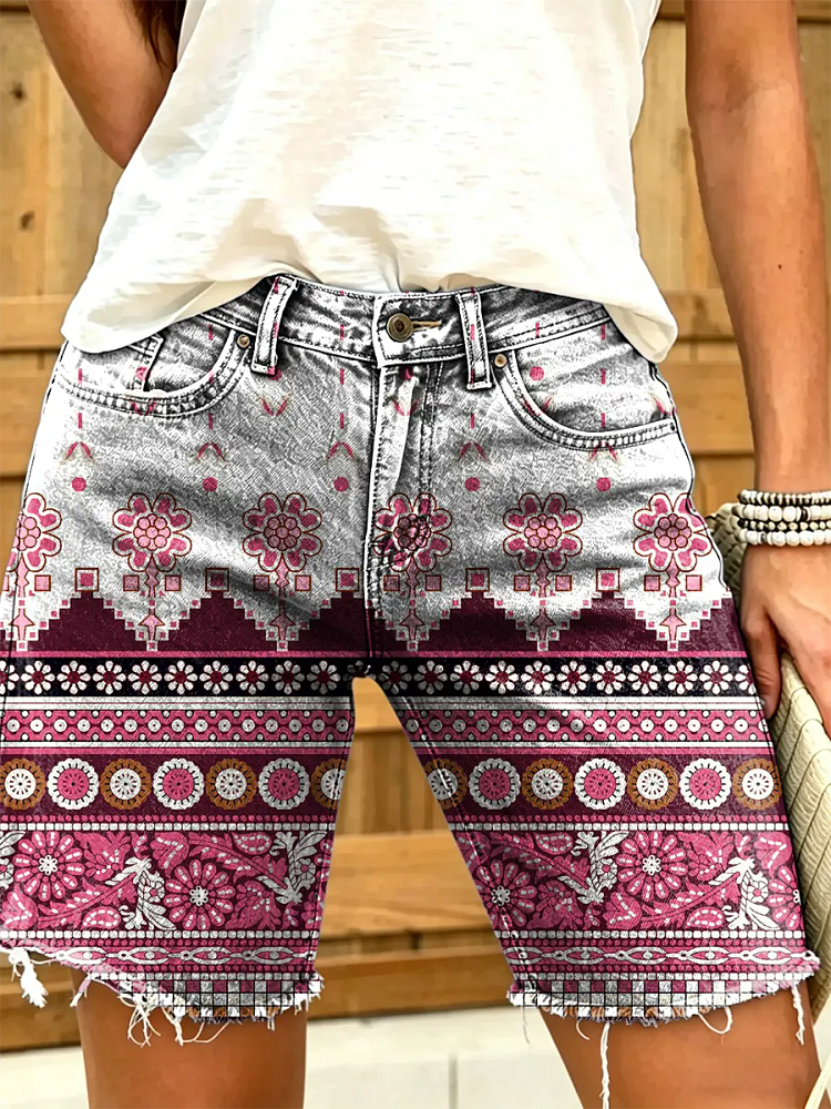 Women's Vintage Floral Print Denim Shorts