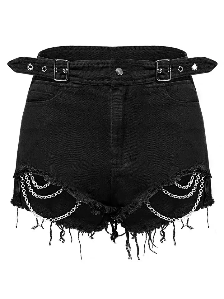 Goth Ripped Denim Shorts With Metal Chains