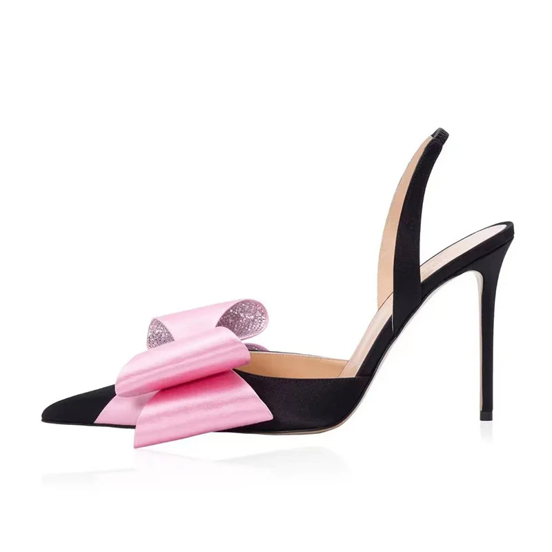 Yyvonne Yyvonne New Pointed Thin Heel Ultra High Heel Bow Rhinestone Head Large Size Hollow Rear Empty Sandals Woman