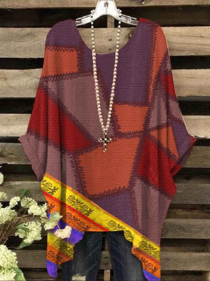 Retro Color Block Printed Casual Women's Top