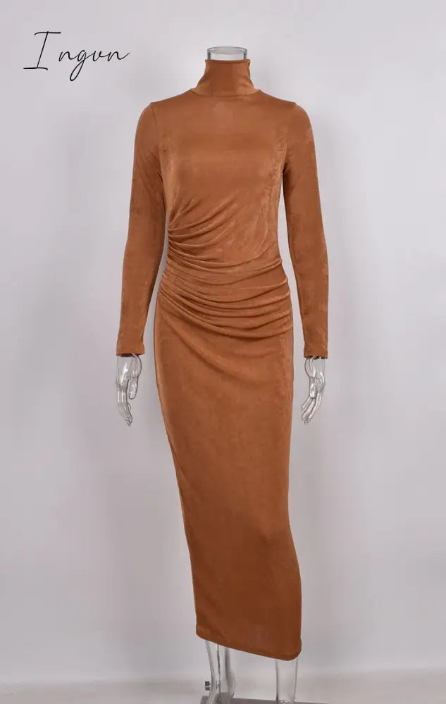Ingvn - Summer New Women’s Sexy Tight Hip Over Knee White Solid Long Sleeve High Collar Dresses
