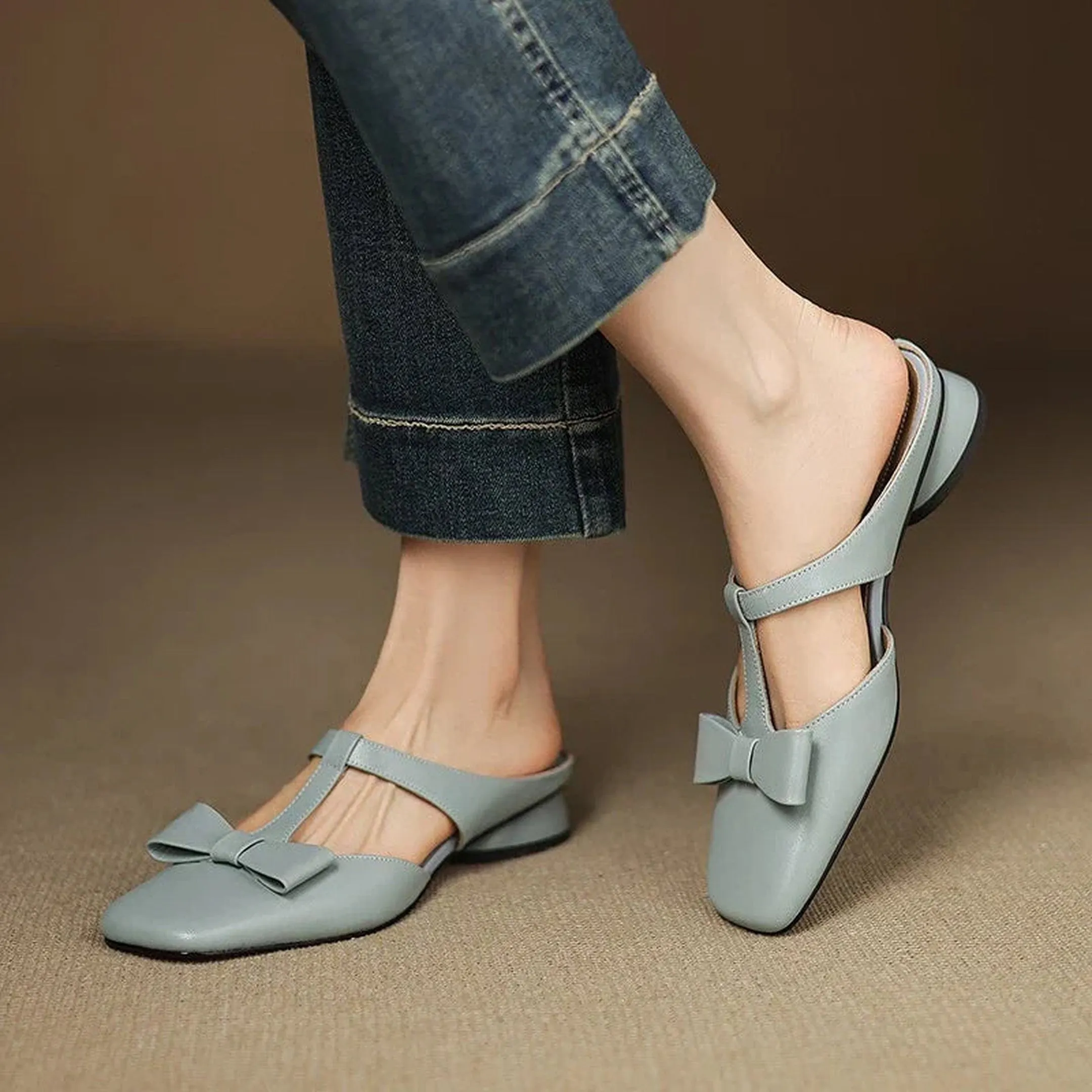 Women's Leather T-Strap Mules &ndash; Square Toe Block Heel