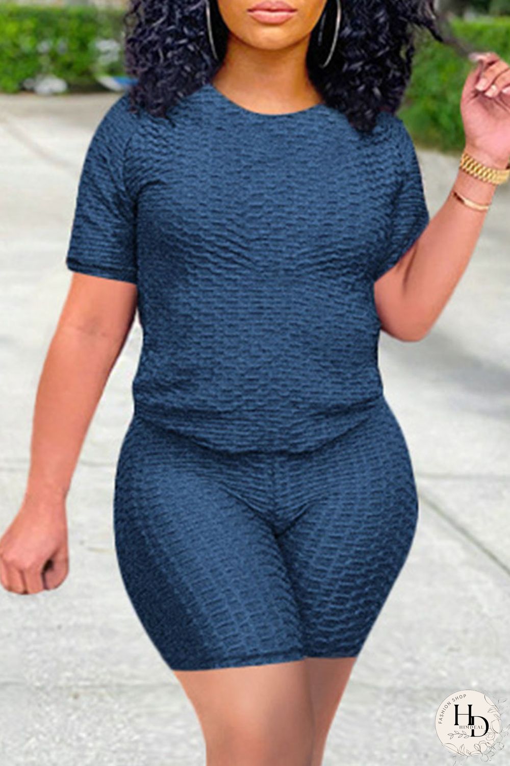 Navy Blue Casual Solid Split Joint O Neck Short Sleeve Two Pieces