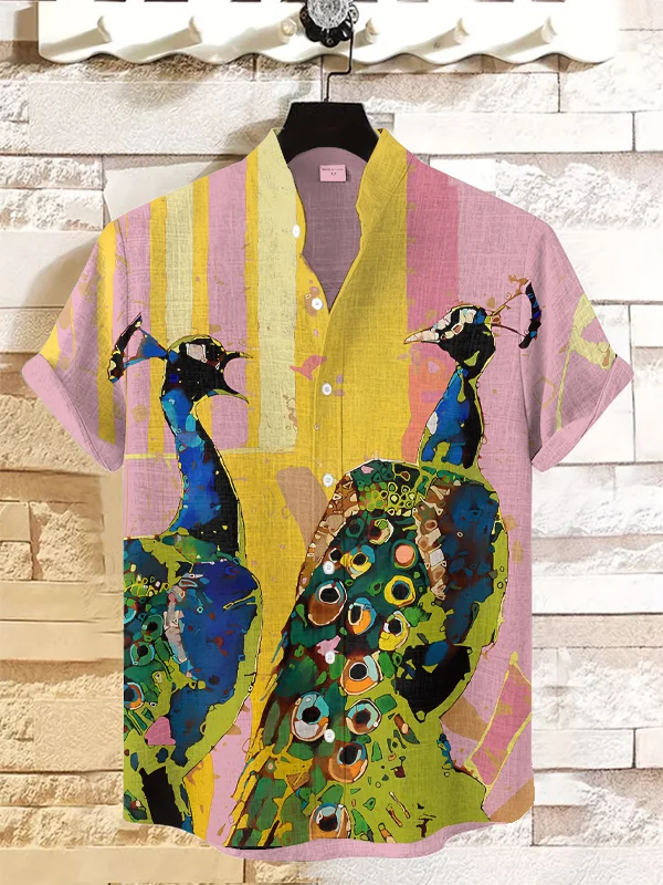 Men's Color Blocks Peacocks Art Print Short Sleeve Shirt