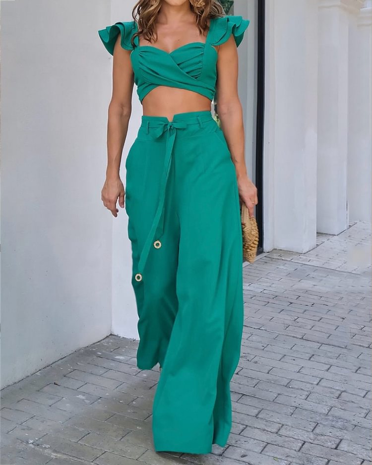  Casual Solid Color Top & Pants Two-piece Set