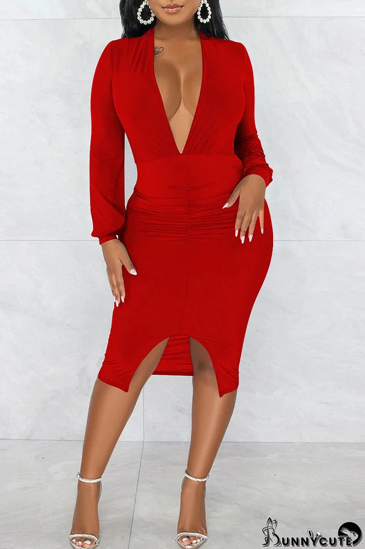 Red Sexy Solid Patchwork Slit V Neck Long Sleeve Dresses